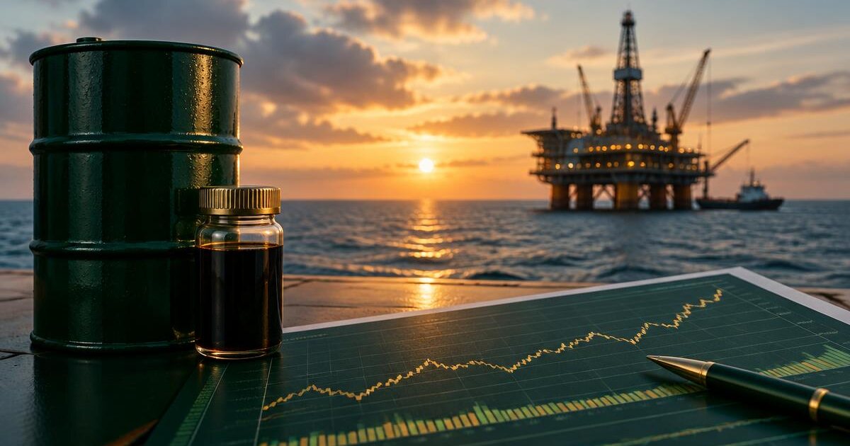 سعر نفط برنت اليوم برميل نفط ومنصة بحرية مع رسم سعر خام برنت
