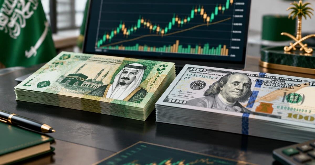 سعر الدولار مقابل الريال السعودي أوراق الدولار الأمريكي والريال السعودي أمام شاشة تداول